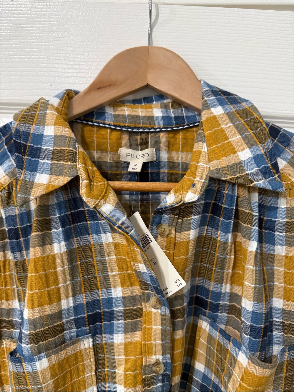 Anthropology Pilcro Blue, Mustard & White Plaid Button-Down Shirt